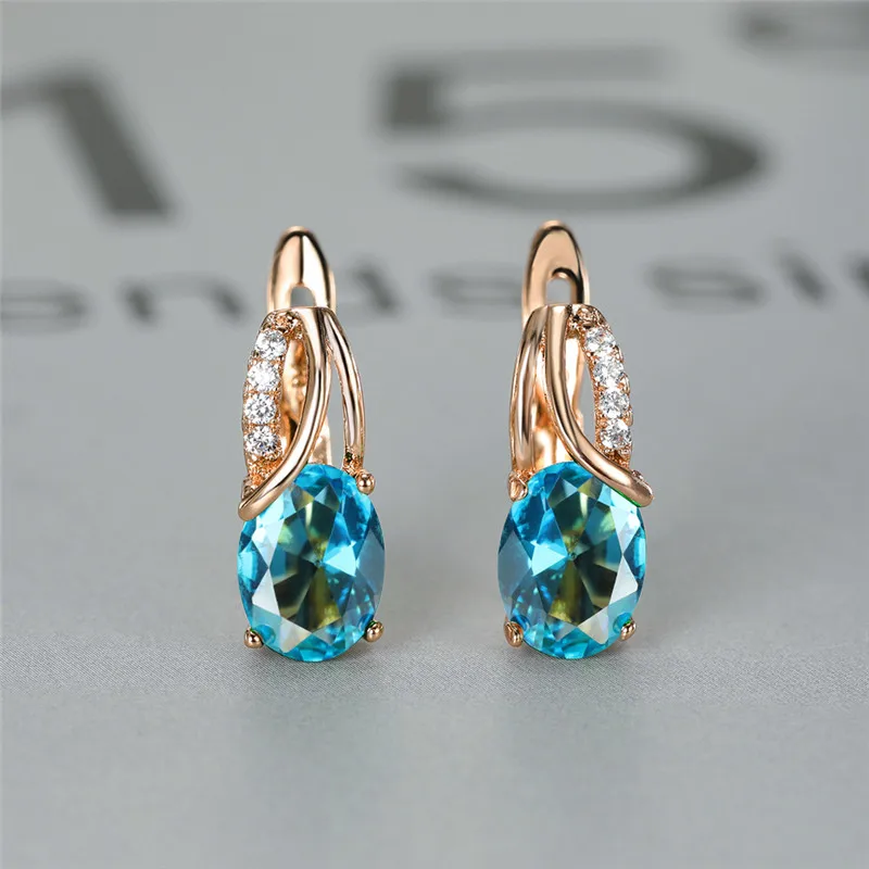 Aqua Blue Zircon Oval Stone Earrings Multicolor Crystal Hoop Earrings Rose Gold Color Engagement Earrings For Women Boho Jewelry