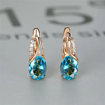 Aqua Blue Zircon Oval Stone Earrings Multicolor Crystal Hoop Earrings Rose Gold Color Engagement Earrings For Women Boho Jewelry