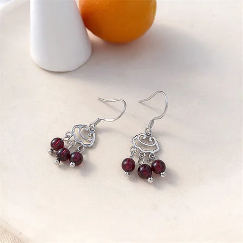 Silver Color Vintage Tassel Garnet Round Bead Drop Earring For Women Girls Wedding Party Elegant Jewelry eh1131