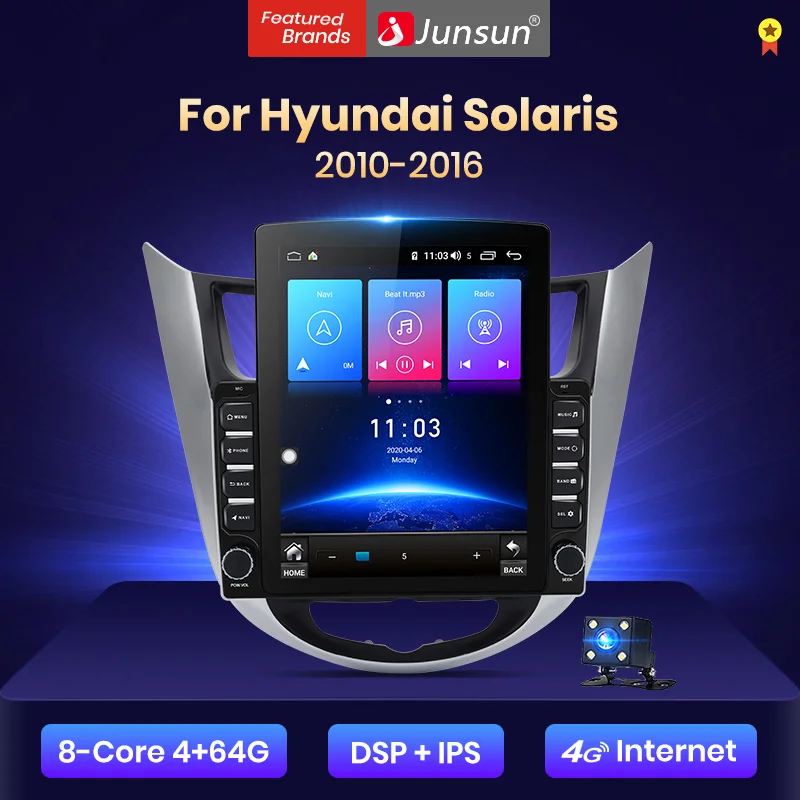 Junsun V2Pro Вертикальный стиль 4G + 64G CarPlay DSP для Hyundai Solaris 2010 2016 солярис 2011 2015 Android 8 1
