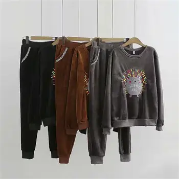 

Plus sizes autumn winter black & gray & Caramel color velour 2 piece set women 2020 O-Neck print tops and high waist Pants 4XL