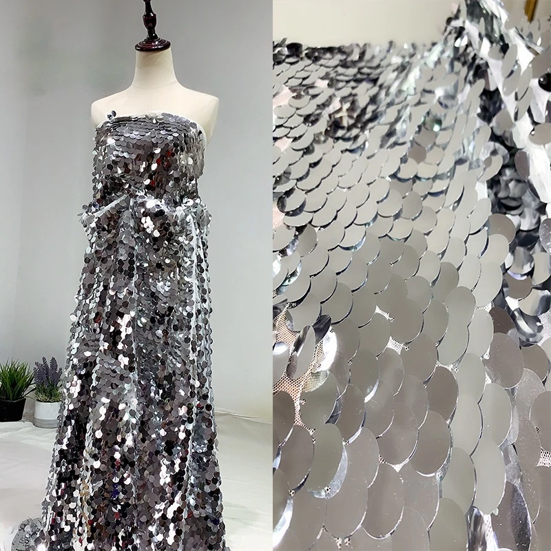 RoundfishscalesequinmeshyarnfabricBrightsilverEmbroidery