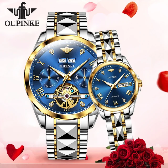 OLEVS Valentines Couple Pair Automatic Watches His and Her Couple Set  Diamond Blue Wrist Watch Men Women Lovers Wedding Romantic Gifts Set of 