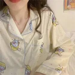 QWEEK Kawaii Trouser Suits Cartoon Print Women's Pajamas Autumn Long Sleeve Home Clothes Pyjama Pour Femme Pijamas Feminino
