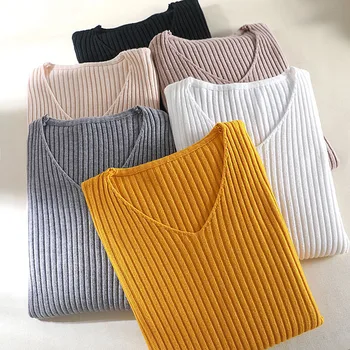 

basic v-neck solid autumn winter Sweater Pullover Women Female Knitted sweater slim long sleeve badycon sweater cheap