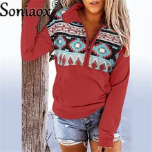 

2022 Spring Autumn New Women Geometry Printed Ethnic Sweatshirt V-Neck Zipper Patchwork Hoodie Casual Loose Female Tops Pullover