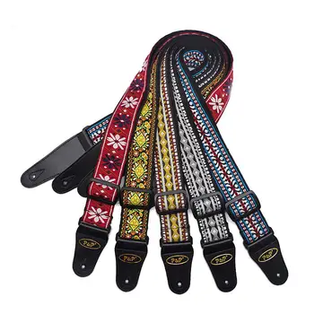

Vintage Flowers Stripes Acoustic Electric Guitar Strap Woven Embroidery Fabrics Leather Ends Strap