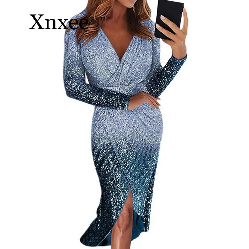 

Sexy Sequin Party Dress Women Gold Silver Glitter Club Dress Long Maxi Shine Evening Gown Female Wrapped Ruched Dresses