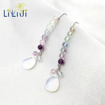

Lily Jewelry Real Rainbow Fluorite,Opal Crystal Handmade 925 Stertling Silver Long Dangle Earrings