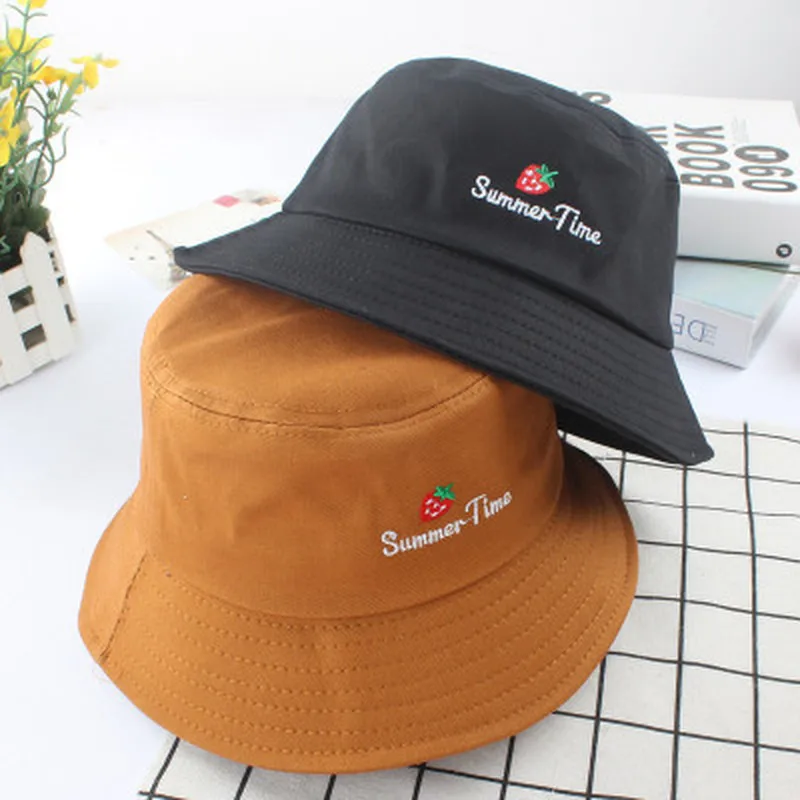 

Bucket Hats embroidery print strawberry foldable solid color Hip Hop wide brim outdoor fisherman hat panama beach new Women Hats