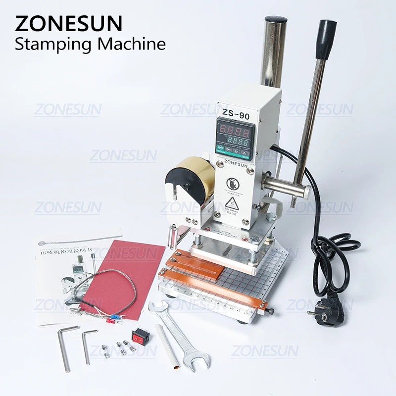 Tanie ZONESUN ZS 90 maszyna stemplująca gorącą folią instrukcja brązujący drukarki brajlowskiej karta pcv skórzany papier drewno tłoczenie żelazny stempel prasa termiczna