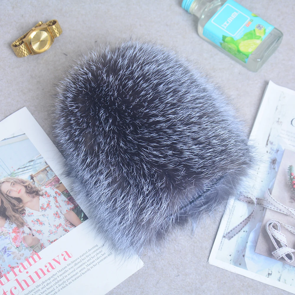 2025 New Luxury 100% Natural Real Fox Fur Hat Women Winter Knitted Real Fox Fur Bomber Cap Girls Warm Soft Fox Fur Beanies Hats 4