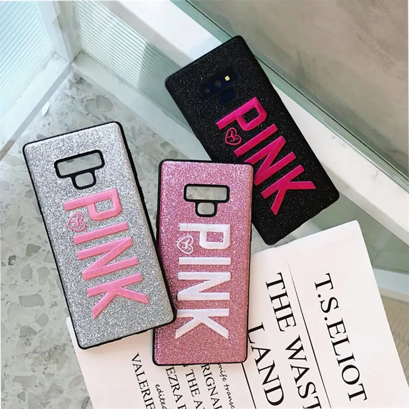 Shining Glitter Embroidery PINK Phone Case For Samsung Note 9 8  S10 lite S9 S8 Anti-fall Cover