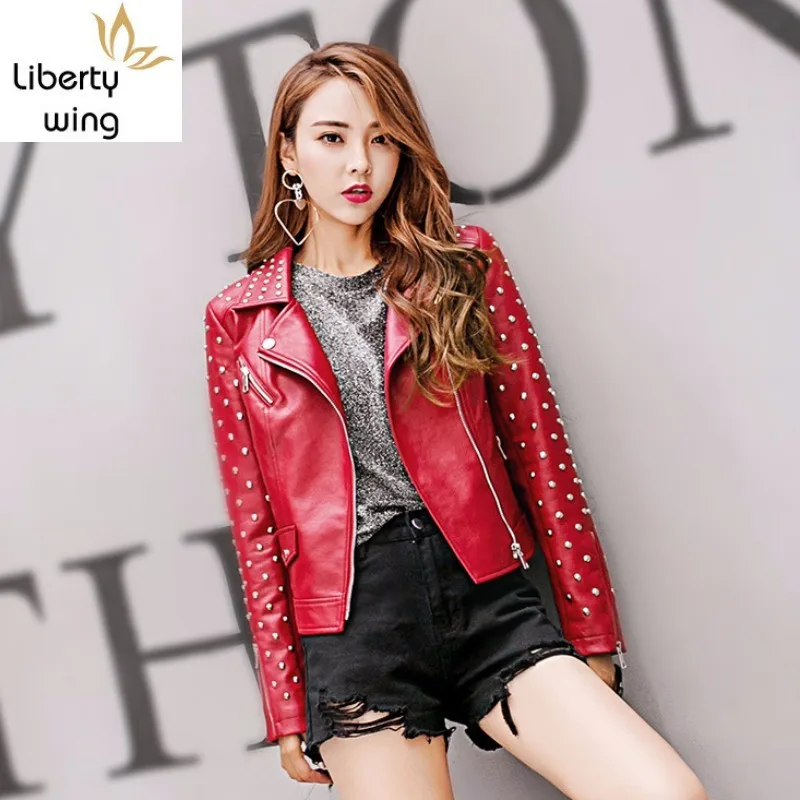 

Motorcycle Women Pu Embroidery Fashion Rivets Faux Leather Coat Short Slim Fit Casual High Quality Autumn Jacket