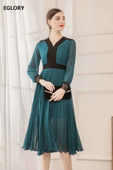 

Top Quality New 2020 Spring Summer Dresses Women V-Neck Color Block Patchwork Long Sleeve Mid-Calf Blue Rose Red Yellow Dress