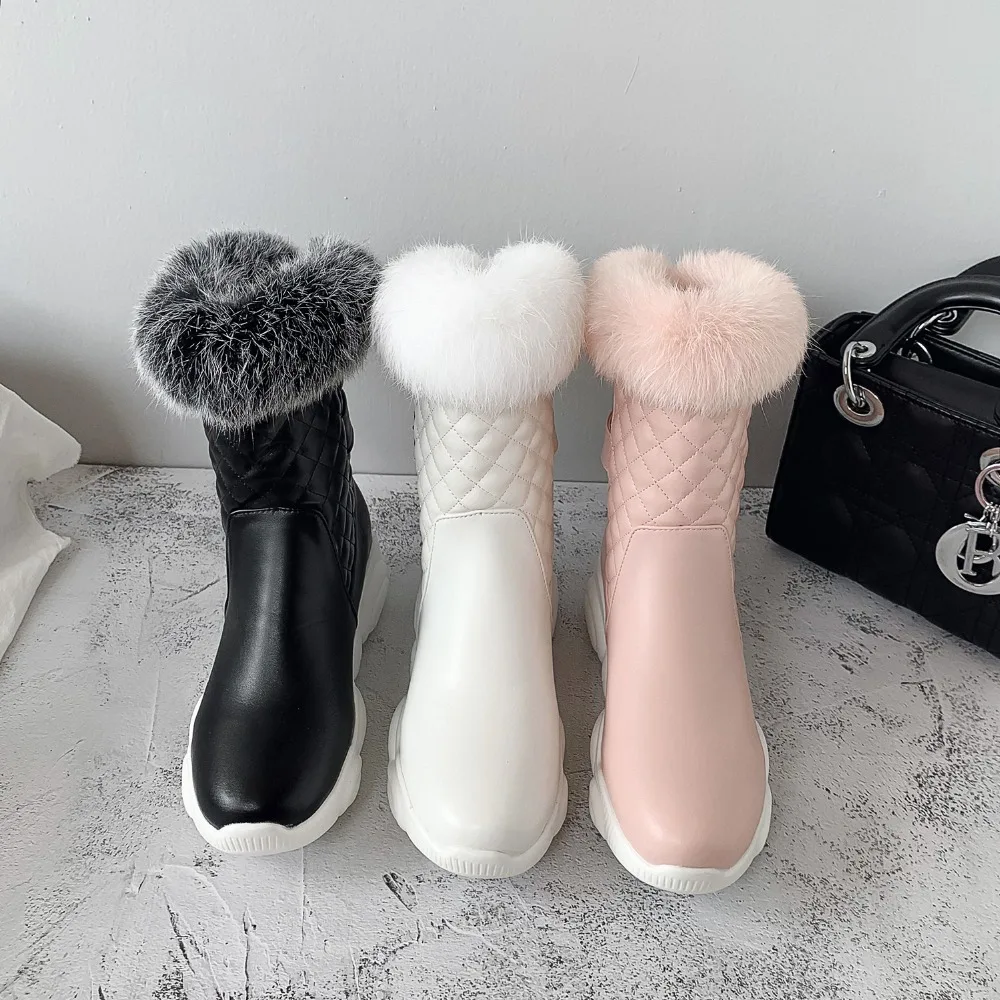 Sweet Ladies Quilted Mid-calf Boots Warm Faux Fur Winter Snow Shoes for Women Female Thermal Sneakers Boots Larger Size 46