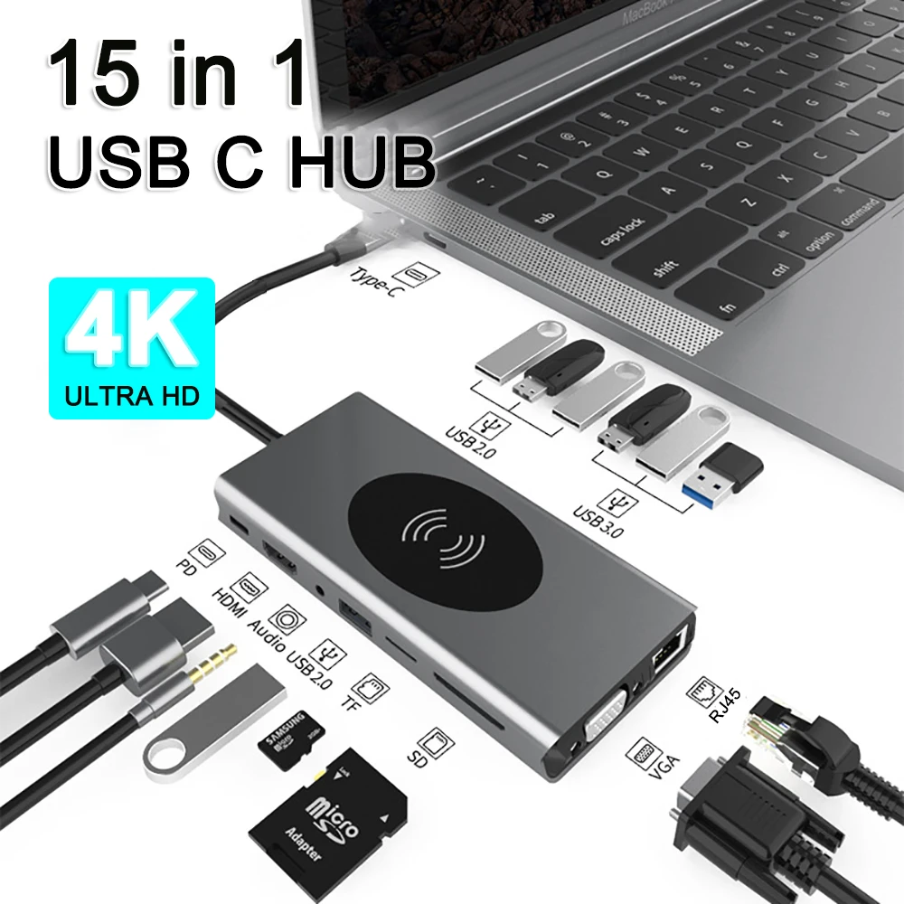 Тип USB C концентратор 3 0 usb-хаб с Беспроводной зарядный кабель разъемами типа и HDMI
