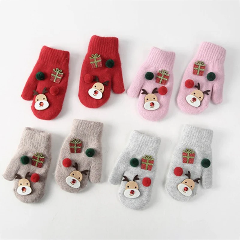 Hot Sale Kids Warm Winter Cotton KnittedChristmas Deer Cute Full Finger Gloves Mitten Boy Girl Children Thick Soft Glove Gift