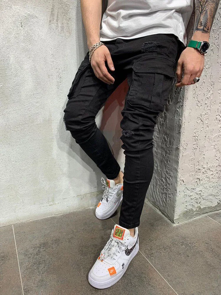 Men Stretchy Multi-pocket Skinny Ripped Jeans Men's Slim Fit Jogger Pencil Pants Fashion jeans Sweatpants Hip hop Trousers men jeans ripped jeans ripped patchwork jeans