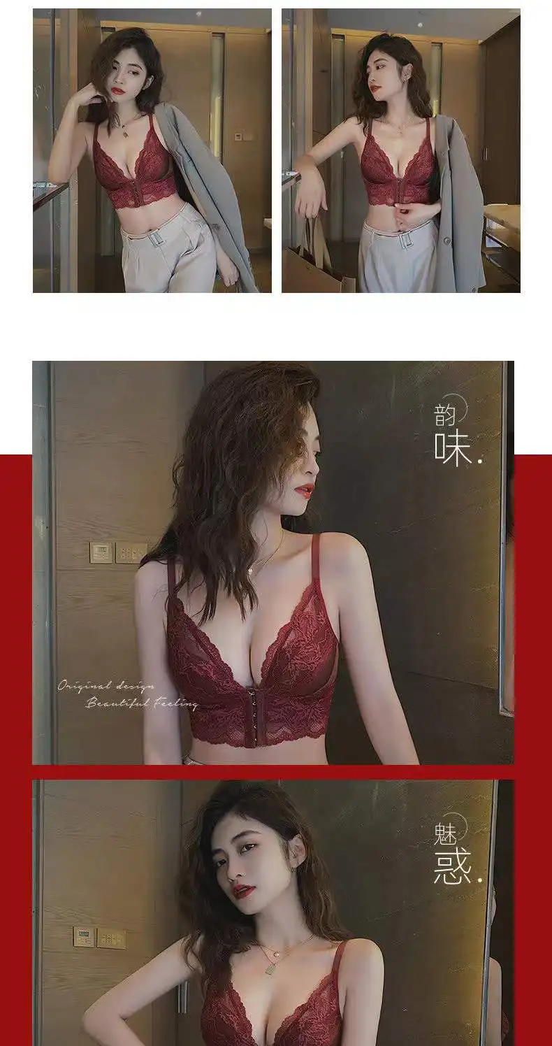 womens lingerie sets Sexy Lace Underwear Women's Small Breasts Gathered Up Breasts Anti-sagging Bra Without Steel Ring Red Front Buckle Bra Set underwear set