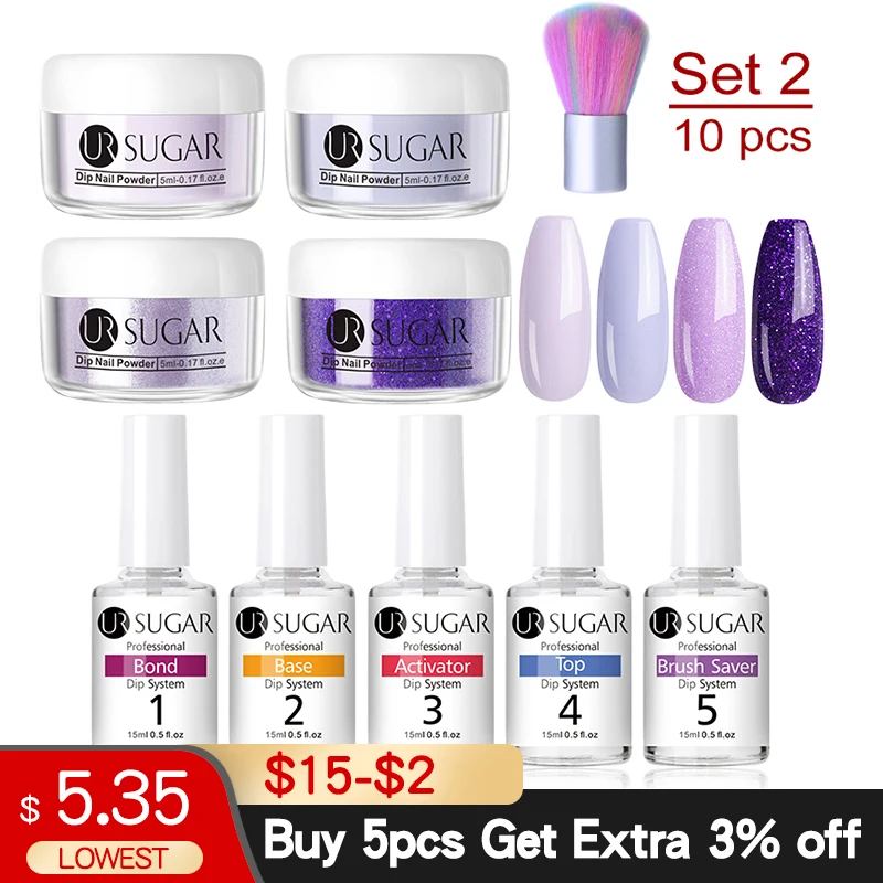 UR SUGAR 10Pcs Dipping Nail Powder Set Series Color Holographics Glittery Chrome Without Lamp Cure Nail Art Decorations Kit