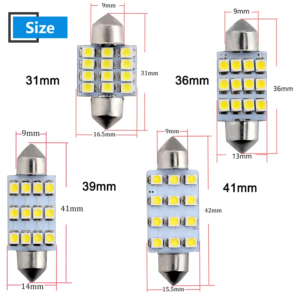 100 шт 12В 1210 12 SMD 31 мм 36 мм 39 мм 41 мм светодиодные лампы-гирлянды, Купольные лампы, светильник для чтения, потолочный светильник белого цвета