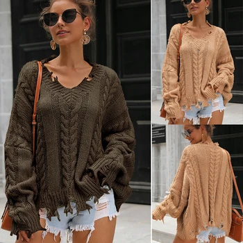 

2019 Winter Women Sweater Loose Pullover Knitted Ribbed Long Sleeve Sweaters Ladies V neck Jumper Solid Loose Korean Femme Coat