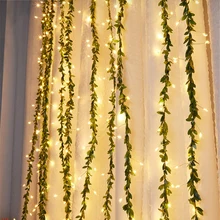 USB 8Modes 3x1M Artificial Green Leaf Vine Curtain String Light Christmas LED Icicle Garland Lights For Home Wedding Party Decor