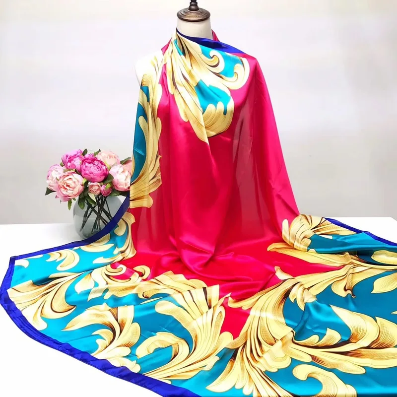  Hi-Q New Scarf Woman Scarves Oil Painting Tree Kerchief 140CM Big Handkerchief Satin Face Silk Scar