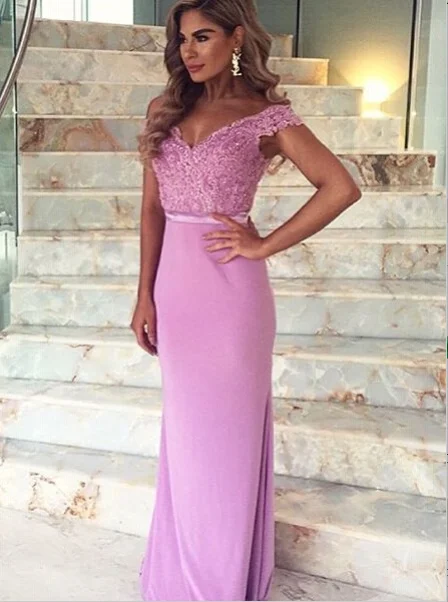 Evening Dress Mermaid Off-the-Shoulder Sweep Train Stretch Satin with Appliques Lace Formal Prom Dress Party Gown - Цвет: Розовый