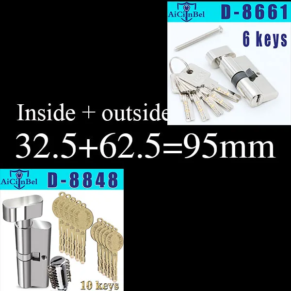Европейский стандарт, дверной цилиндр, медный замок, цилиндр, внутренний, для спальни, гостиной, безопасная дверная ручка, латунный замок для ключей - Цвет: 95mm32.5add62.5