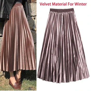 

Winter Autumn Women's Pleated Skirt Velvet Print High Waist Long Skirts Women Young Girl Thick Large Size Fahion Female Falda
