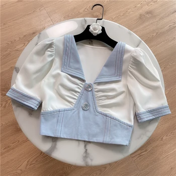 

Crop Top for Women 2020 Summer New Simple Design V-neck Thin Short Blouse Tops Ladies Tops Blusas Mujer De Moda 2020