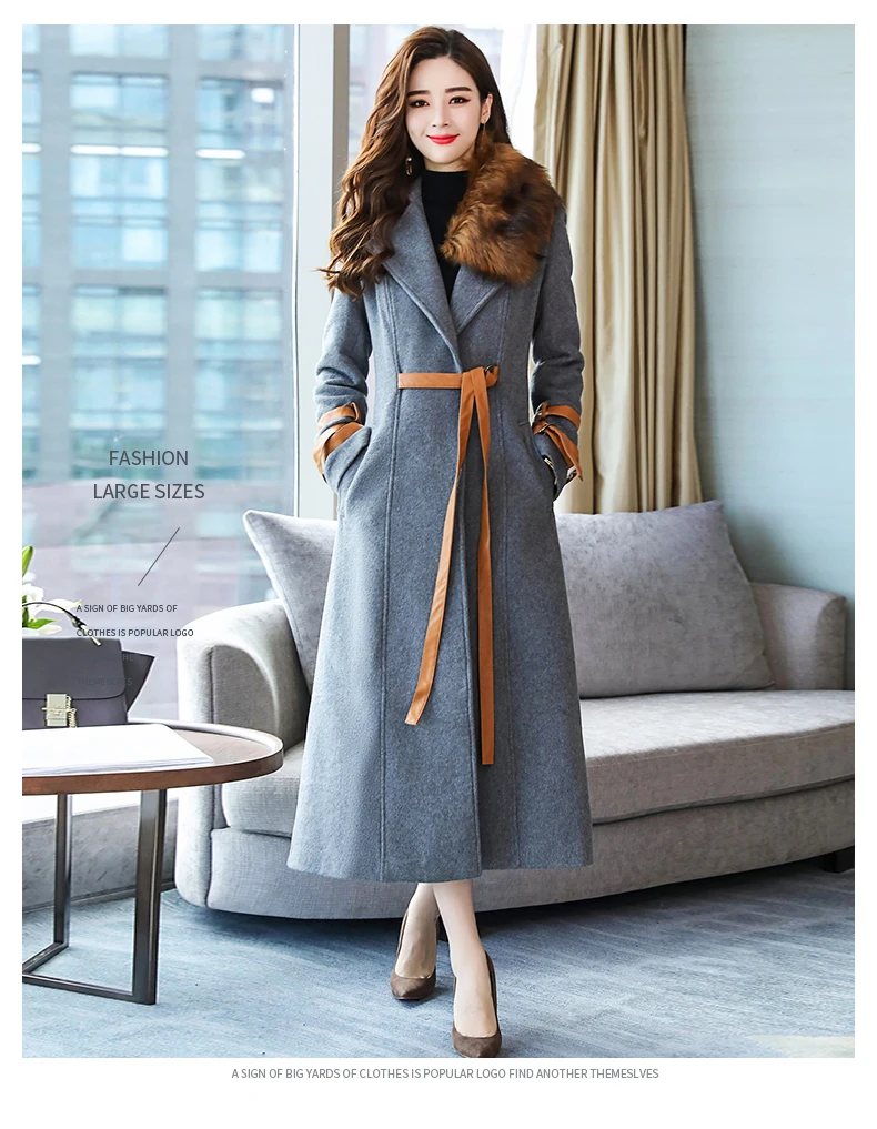 Autumn Winter wool coat Women Slim X- Long Overcoat Detachable Fur Collar Cashmere Jacket Thick Outerwear Wool Blends Coat