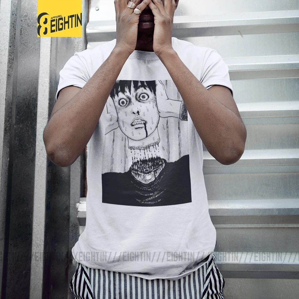 Футболка с воротником под горло HoJunji Ito для Хэллоуина; стильные мужские футболки с короткими рукавами и круглым вырезом; одежда из чистого хлопка; футболки с принтом