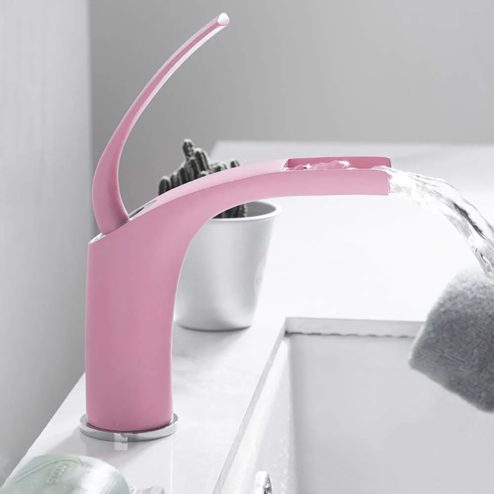 

Bathroom Water Tap Basin Faucets Single Handle Waterfall Faucet Pink Bathroom Sink Faucet Basin Mixer Taps Brass Deck Mounted