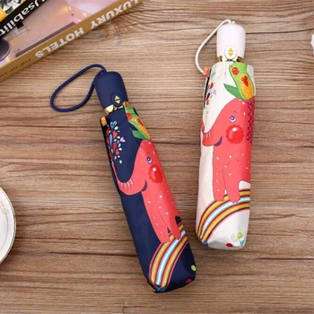 

Cartoon Fully Automatic Folding Umbrella Rainbow Elephant Black Rubber Sunscreen Umbrella UV Protection