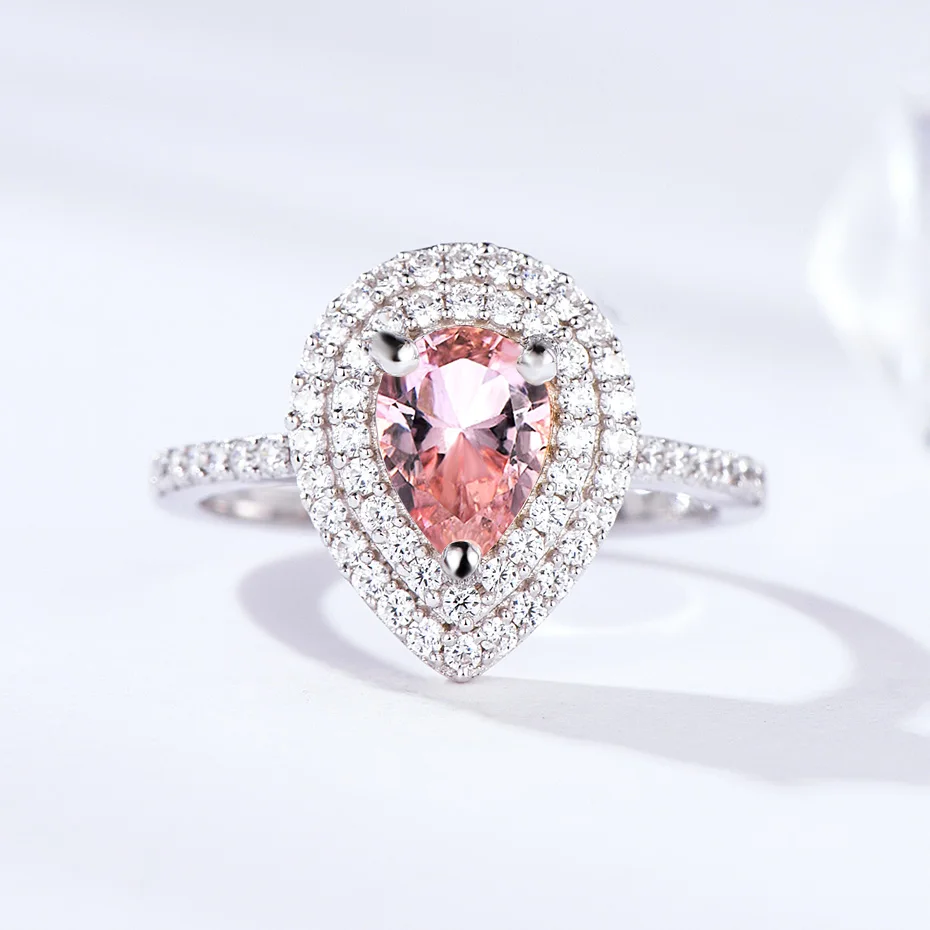 Куололит морганит драгоценный камень кольца для женщин 925 пробы Серебряная груша срезанное кольцо с розовым камнем обручальное свадебное ювелирное изделие