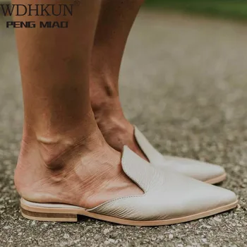 

WDHKUN Leather Womens Low Heel Slippers Fashion Mule Shoes Pointed Toe Slides Patchwork Sandal Ladies Zapatos Mujer 2020