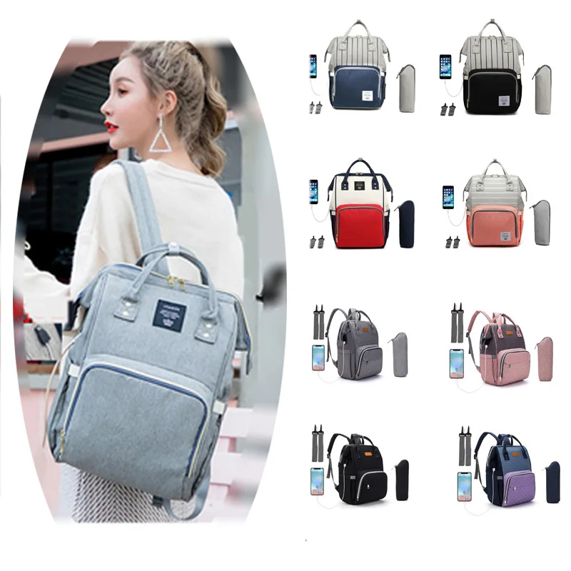 

Fashion pure color diaper bag backpack mommy handbag Maternity large capacity nappy bag Travel USB charging Baby Care wetbag