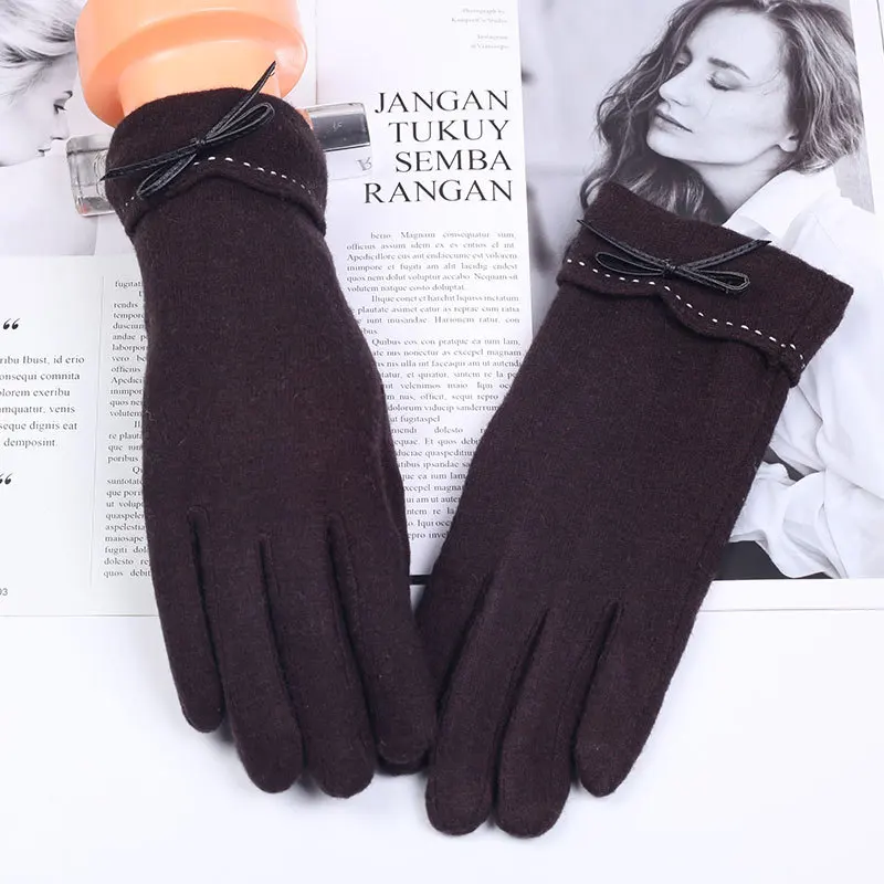 winter wool gloves for women warm plus velvet thickening riding touch screen gloves female long mittens cashmere gloves - Цвет: Кофе