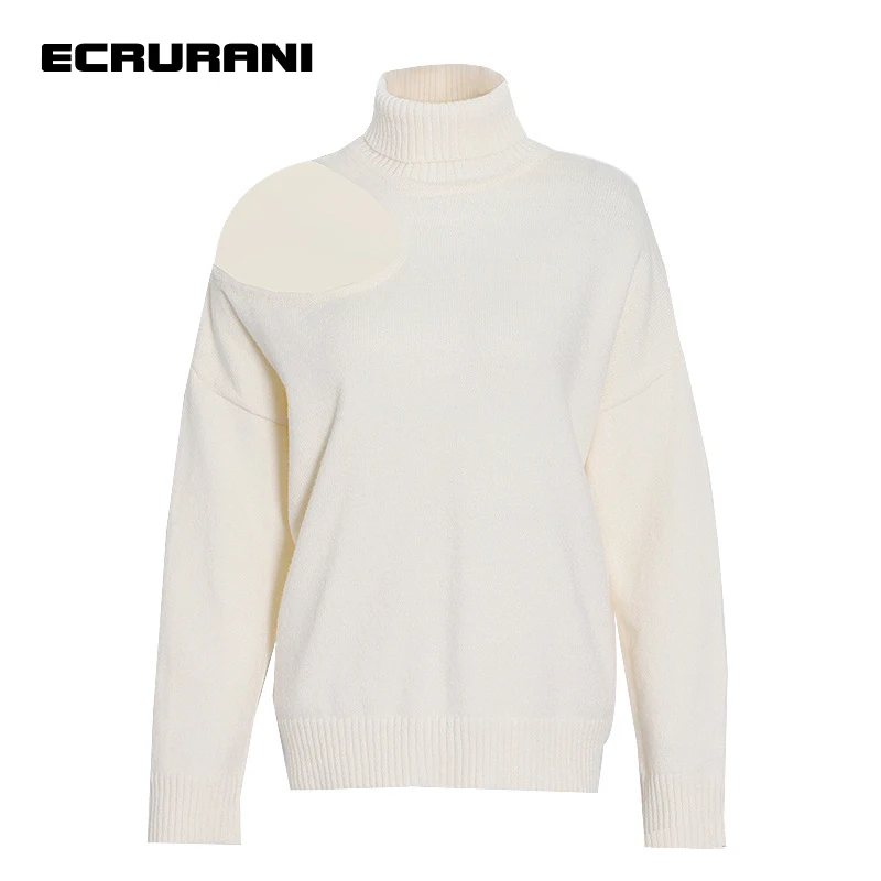 

ECRURANI Black Hollow Out Casual Sweaters For Women Turtleneck Long Sleeve Off Shoulder Loose Knitting Pullovers Female 2021 New