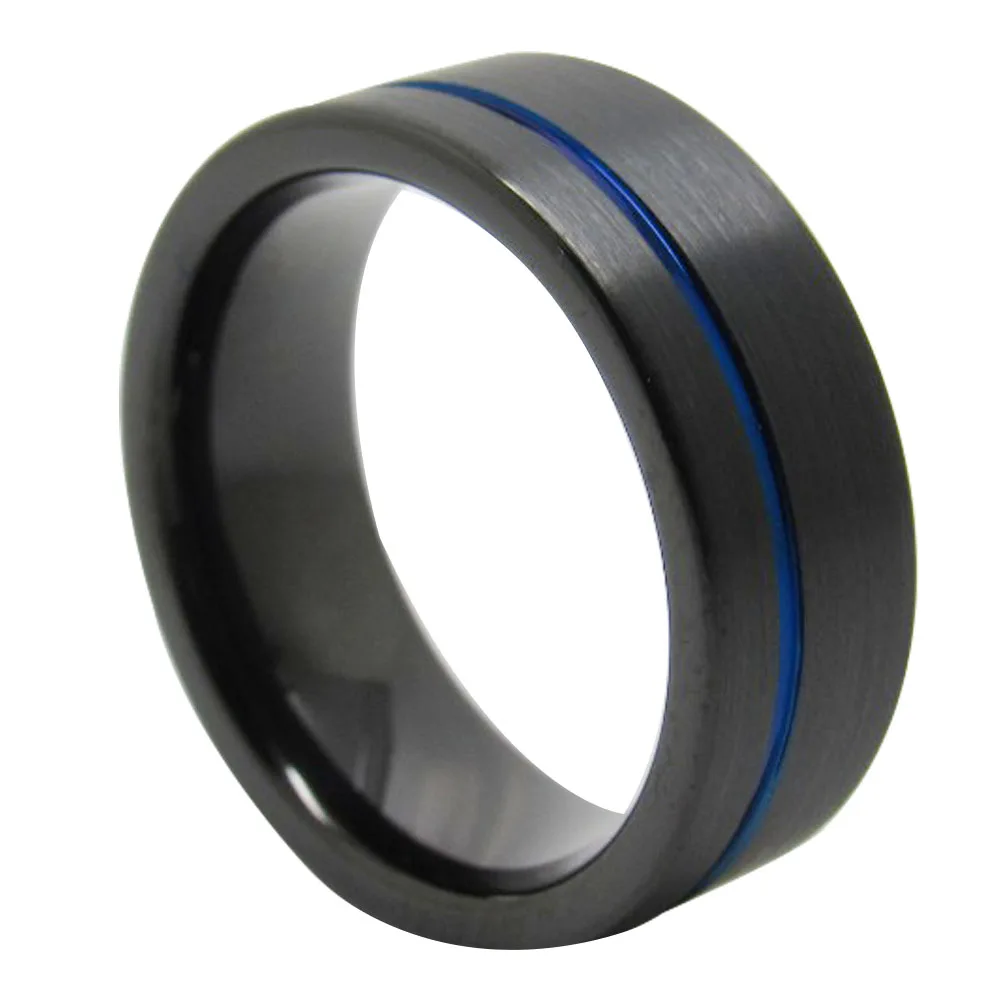 

Casual 8mm Width Black Tungsten Thumb Ring for Male Brushed Finishing with Blue Color Stripe Comfort Fit Band Size 6-13