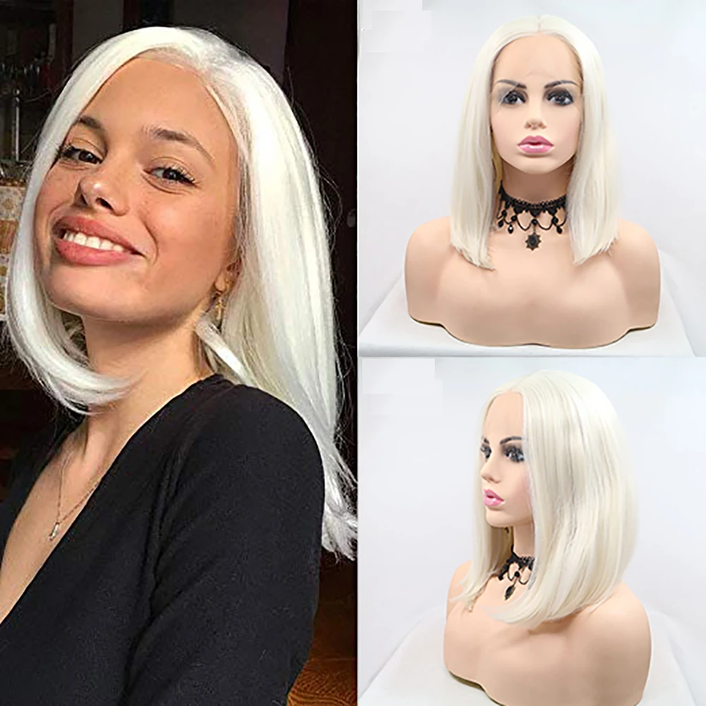 Sylvia Platinum Blonde Bob Hairstyle Synthetic Lace Front Wigs Middle Parting 60# Short Straight Heat Resistant Fiber Hair