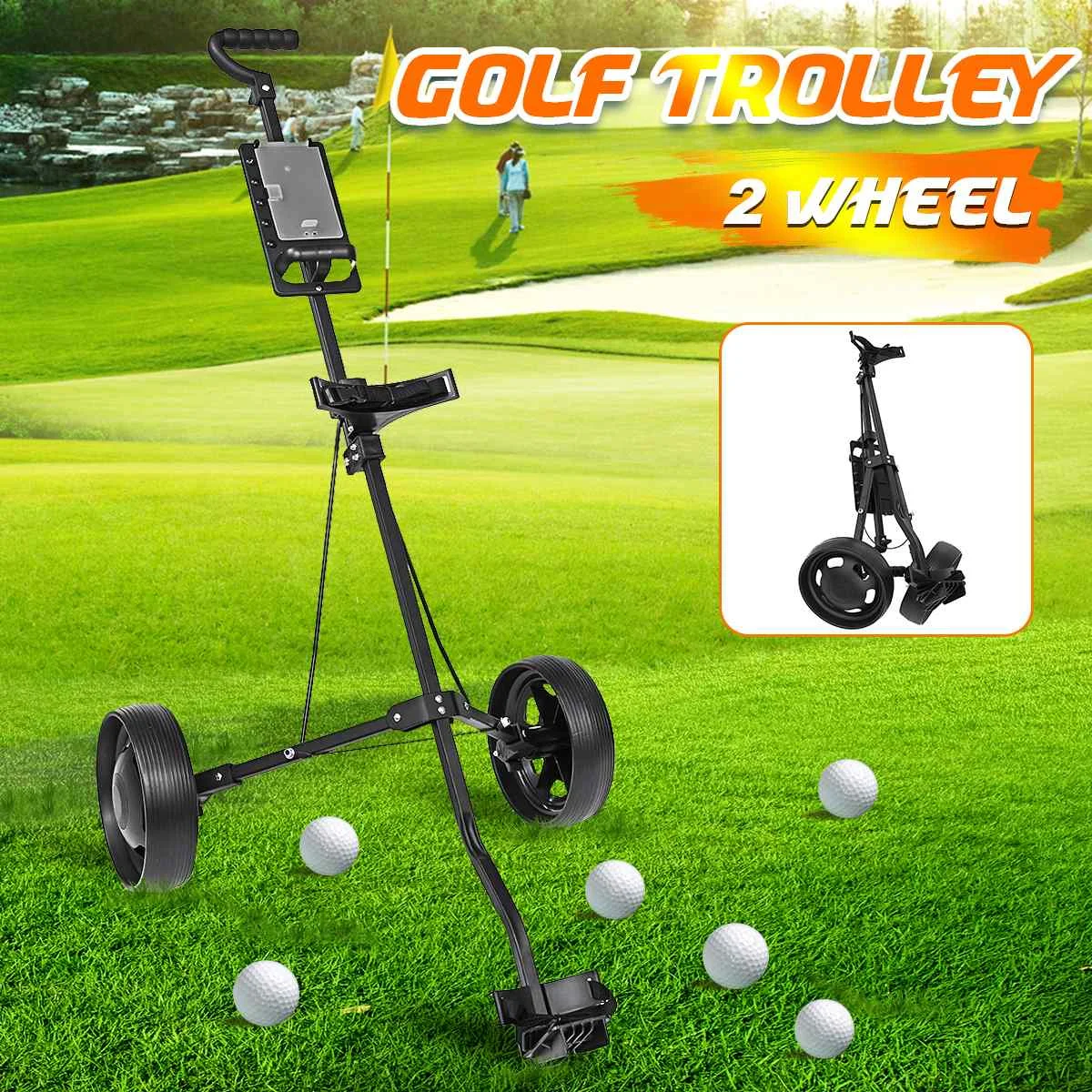 Golf Pull Cart Iron Black Adjustable Golf Trolley Cart 2 Wheels Push Pull Aluminium Alloy Foldable Trolley With Brake