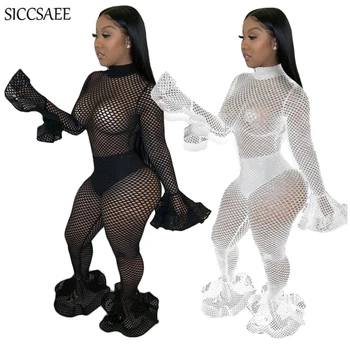 

Mesh Crochet Bodycon Bodysuit Sexy One Piece Bandage Jumpsuits And Rompers See Through Fishnet Knitted Sheer Ruffles Club Wear