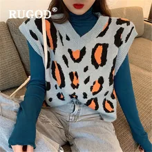 RUGOD осенний свитер с леопардовой раскраской с v-образным вырезом без рукавов Женский вязаный жилет размера плюс женский свитер