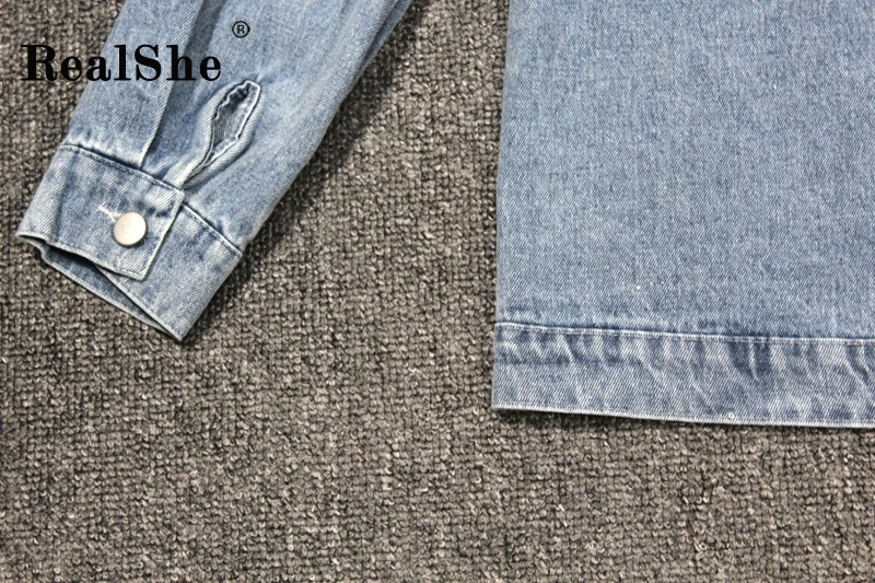 RealShe джинсовая женская куртка с отворотом, длинным рукавом, пуговицами и поясом, женская джинсовая куртка, Женская Весенняя Повседневная элегантная женская куртка