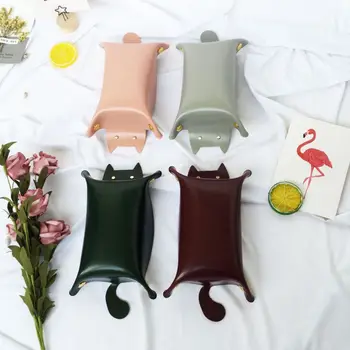 

Cute Dice Cat Shape Leather Storage Tray Key Coin Makeup Tray With Velvet Cat Storage Box Daily Supplies