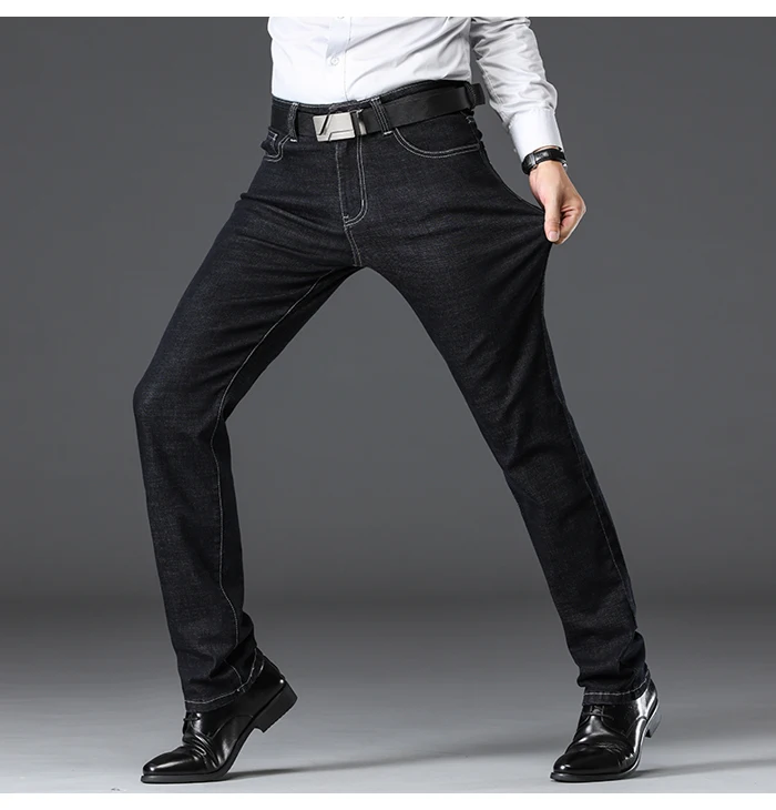 Осень зима новые мужские толстые бизнес стрейч джинсы классический стиль Брендовые прямые джинсовые брюки мужские брюки черный синий